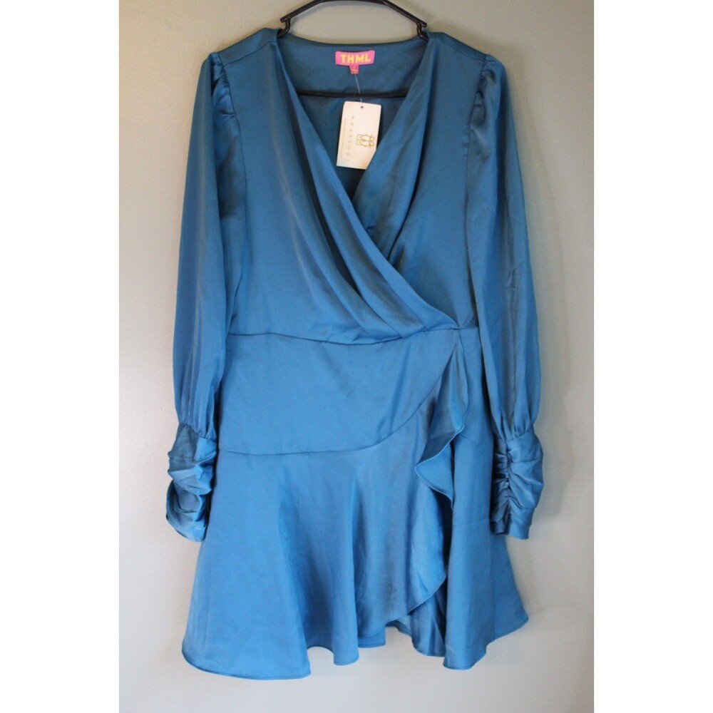 THML Blue Satin Wrap Mini Dress Long Ruffled Sleeves NWT Size Medium